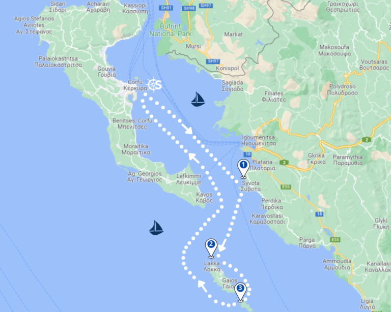 Die ganze Korfu Tagesboot-Route auf einem Blick.