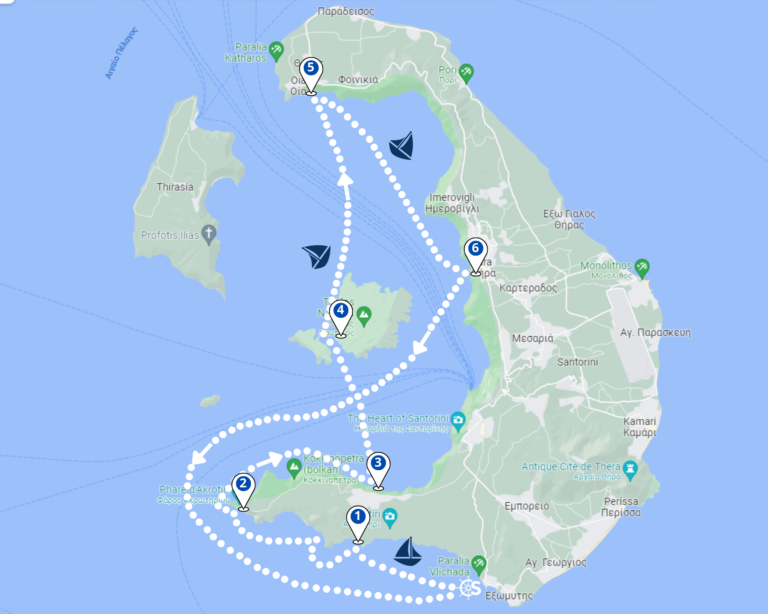 Die Santorini Tagesboot-Route auf einem Blick.