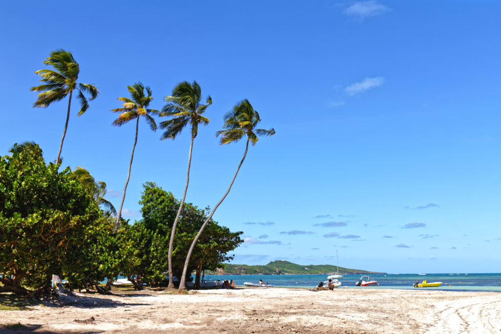 Landspitze Faula mit Palmen und breitem weißen Strand. Blick auf die Bucht mit Booten im Hintergrund