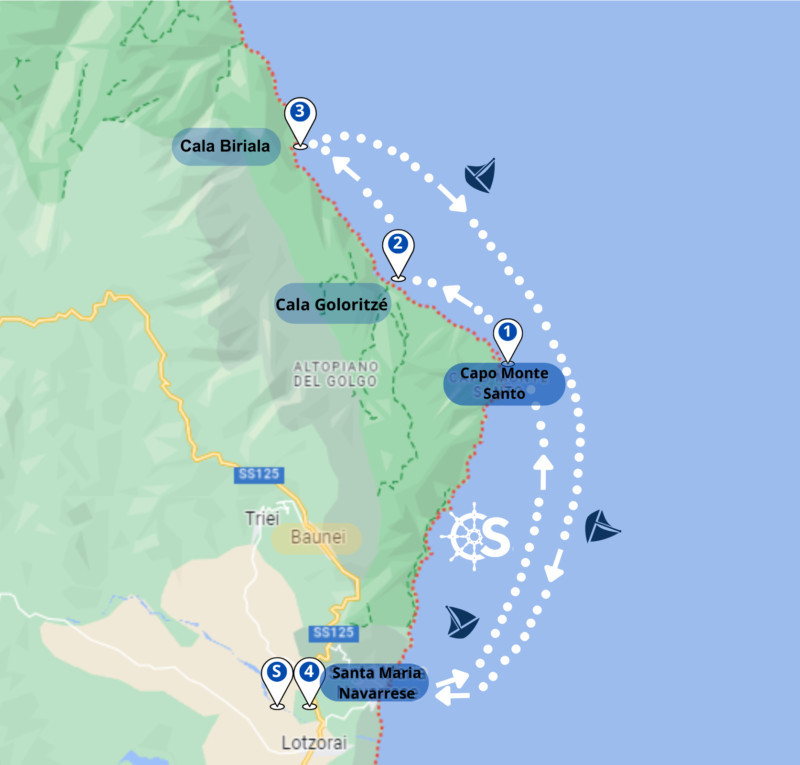 Die ganze Route der Tagestour an der Costa di Baunei auf einem Blick