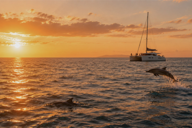 Delfine schwimmen neben einem Katamaran bei Sonnenuntergang